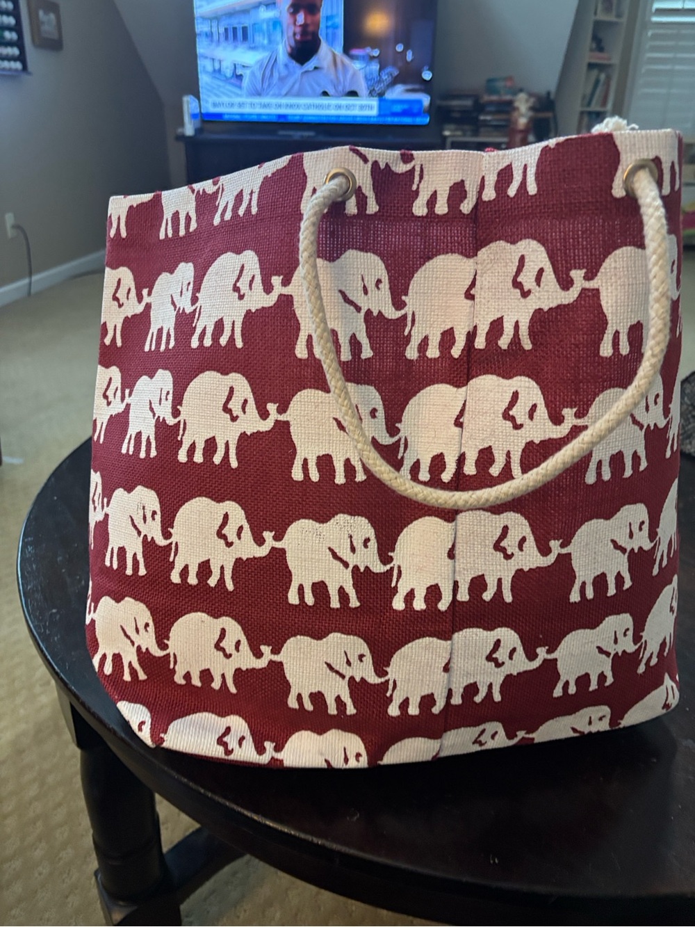 Canvas Elephant Print Tote Bag in Crimson  and Cream